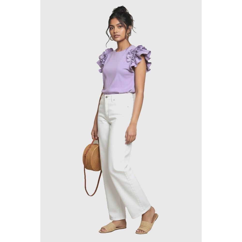 NWT By Anthropologie Purple Ruffle Sleeve Ribbed Knit Top M Lavender Stretch